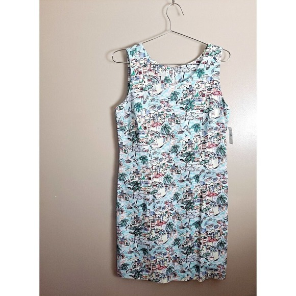 TALBOTS Outlet Scenic Beach Print SHEATH Shift Summer Dress SLEEVELESS - Picture 2 of 5